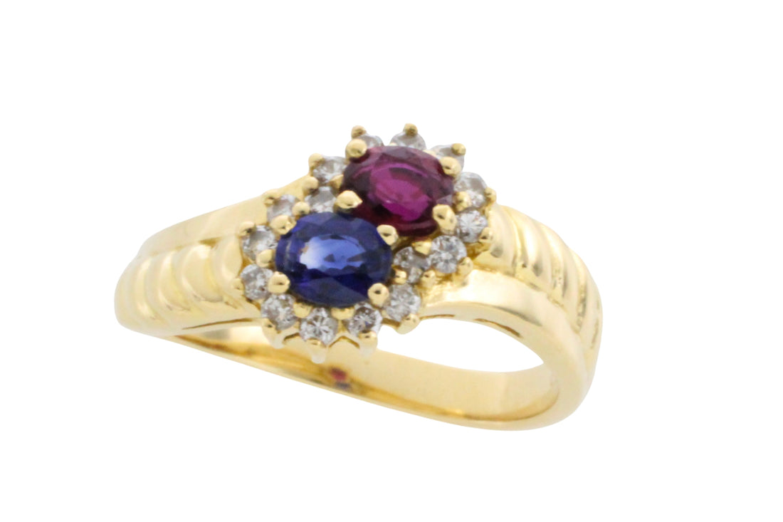 Rouby and sapphire double cluster ring-Vintage Rings-The Antique Ring Shop