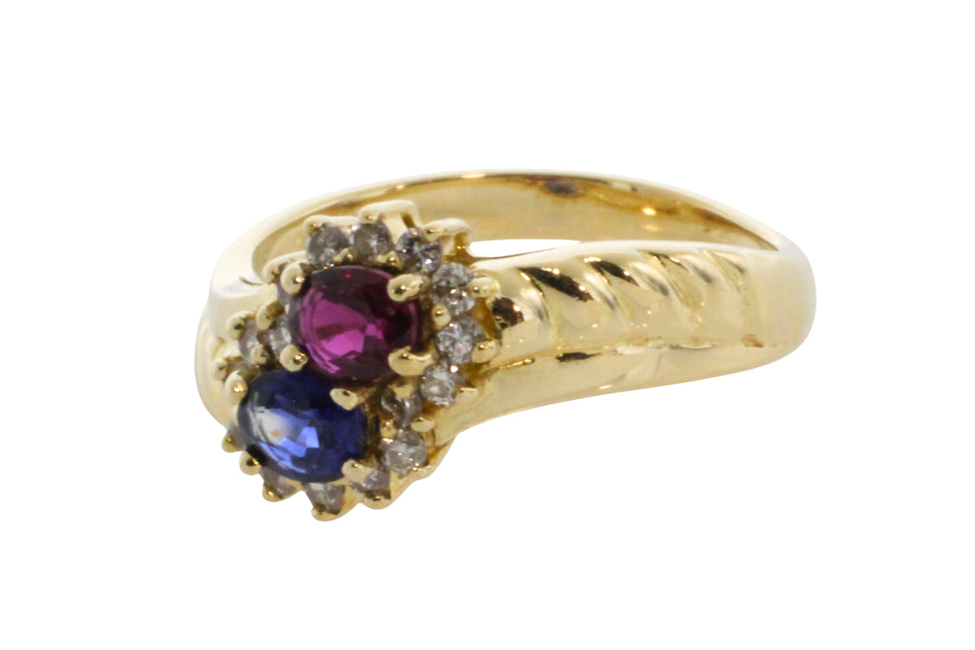 Rouby and sapphire double cluster ring-Vintage Rings-The Antique Ring Shop