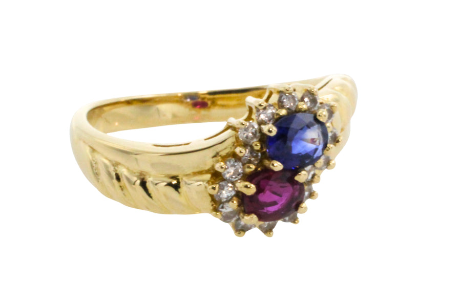 Rouby and sapphire double cluster ring-Vintage Rings-The Antique Ring Shop