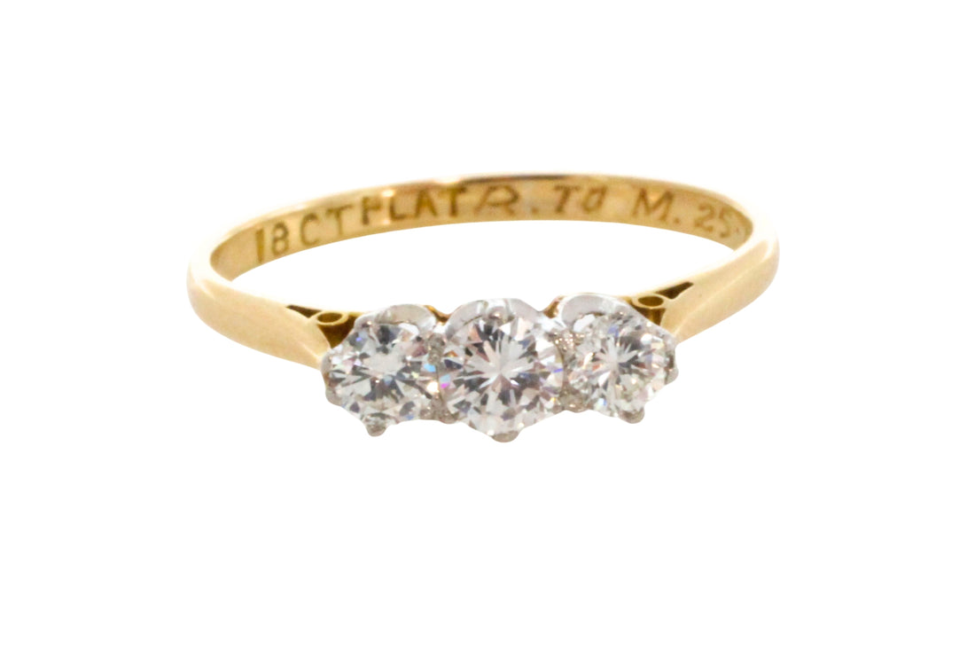 Vintage three stone brilliant cut diamond ring-engagement rings-The Antique Ring Shop