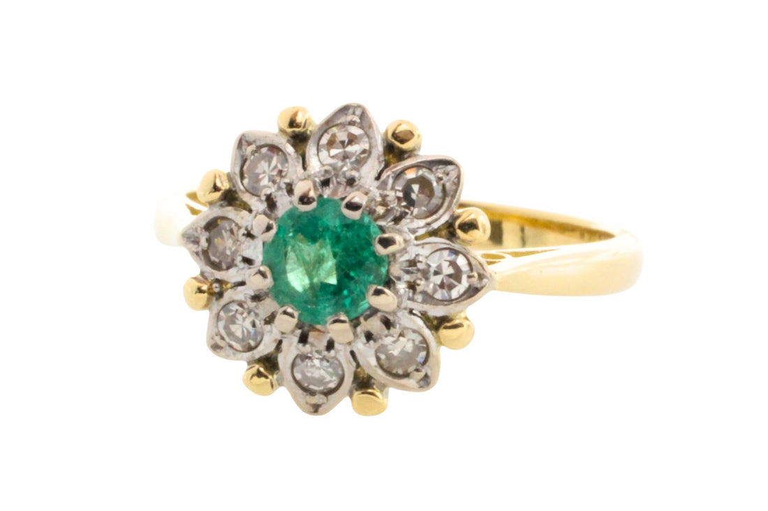Vintage emerald and diamond cluster ring in gold and platinum-The Antique Ring Shop