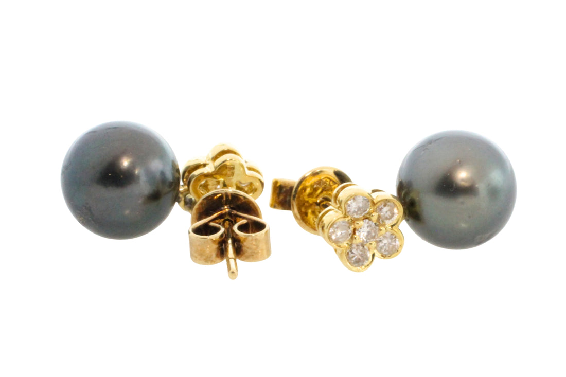 Diamond and grey pearl earrings-Earrings-The Antique Ring Shop