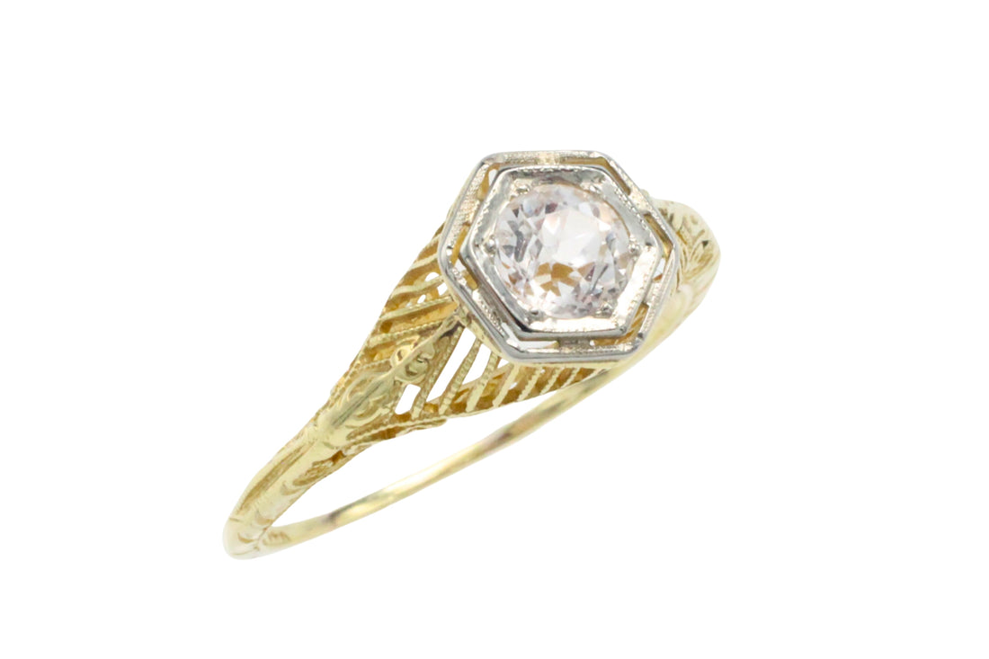 Vintage white sapphire yellow and white gold ring-Vintage Rings-The Antique Ring Shop