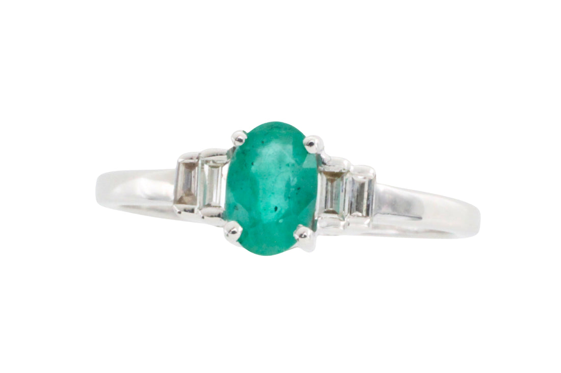 Emerald and diamond ring in white gold-engagement rings-The Antique Ring Shop