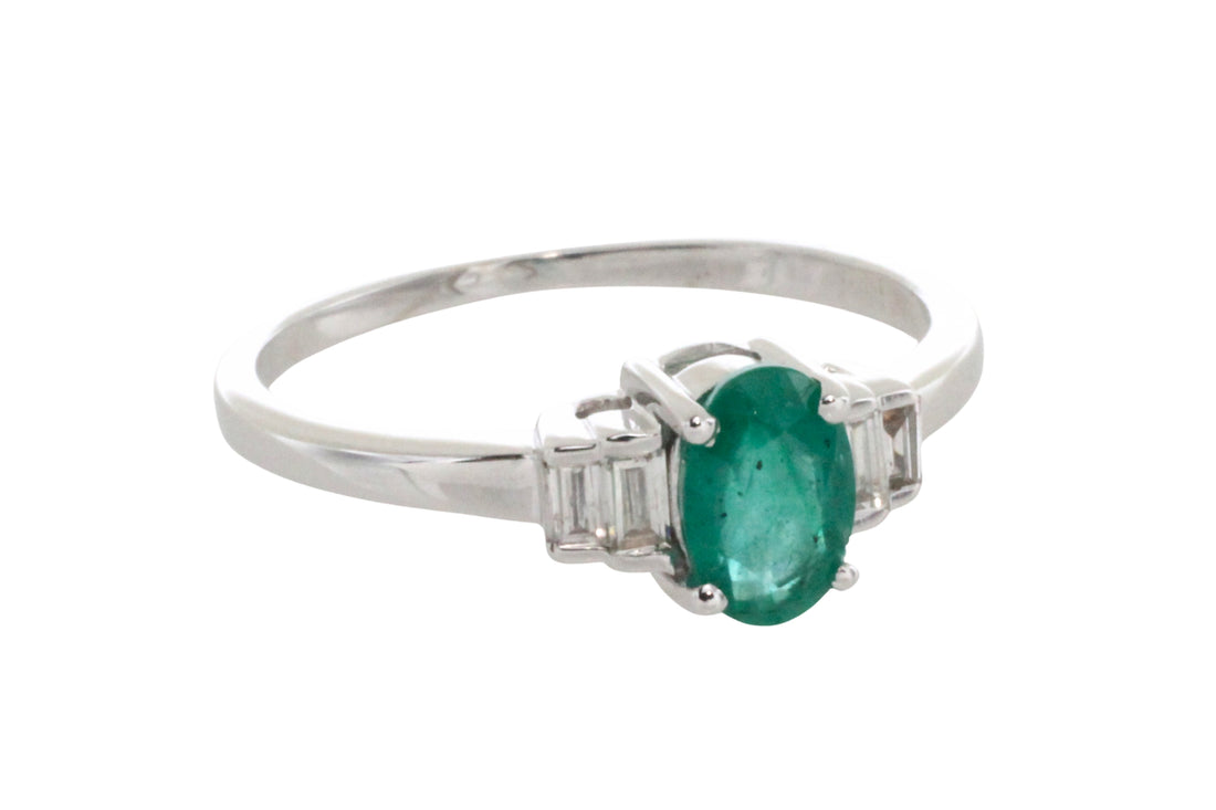 Emerald and diamond ring in white gold-engagement rings-The Antique Ring Shop