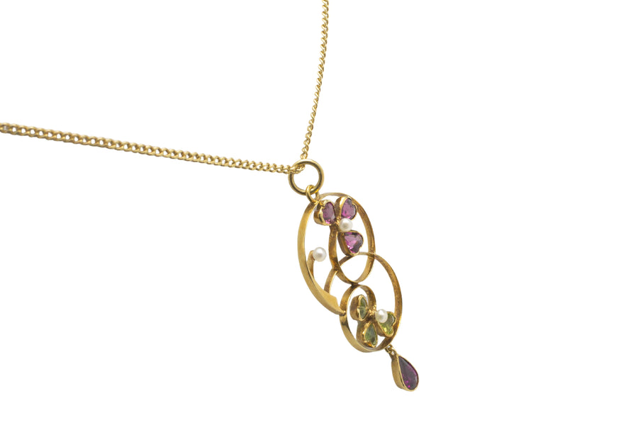 Edwardian 15 carat gold peridot, garnet and pearl pendant-Pendants-The Antique Ring Shop