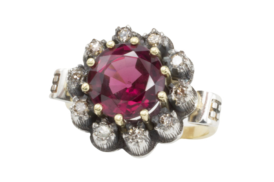 Rhodolite garnet and diamond cluster ring in silver and gold-vintage rings-The Antique Ring Shop