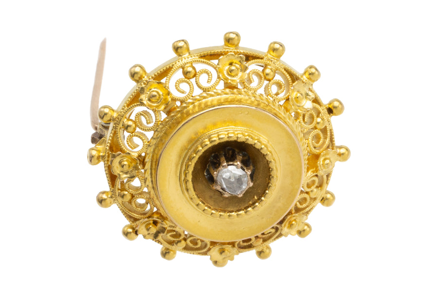 Filigree brooch with rose diamond in 14 carat gold-Brooches-The Antique Ring Shop