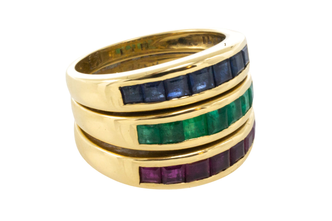 18 carat gold triple band with sapphire, emerald and ruby-Vintage Rings-The Antique Ring Shop