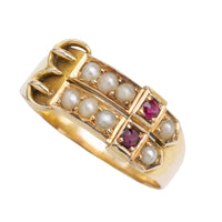 Victorian ruby and pearl double belt ring from 1890-Rings-The Antique Ring Shop