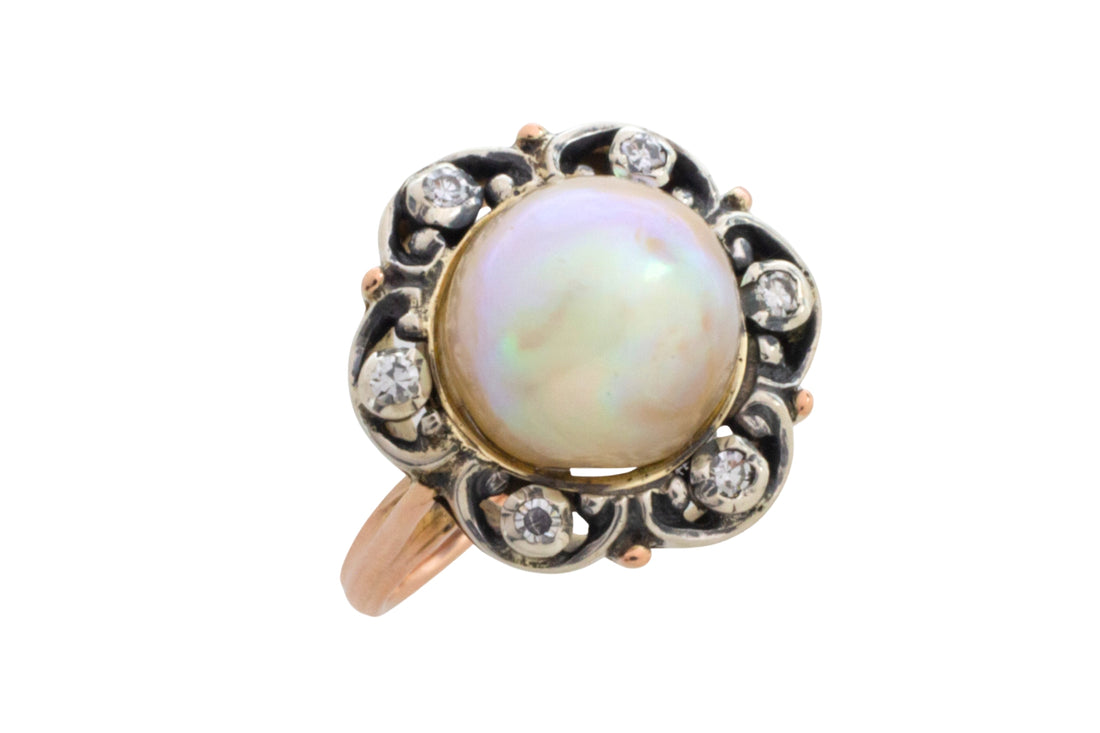 Pearl and single cut diamond ring in silver and gold