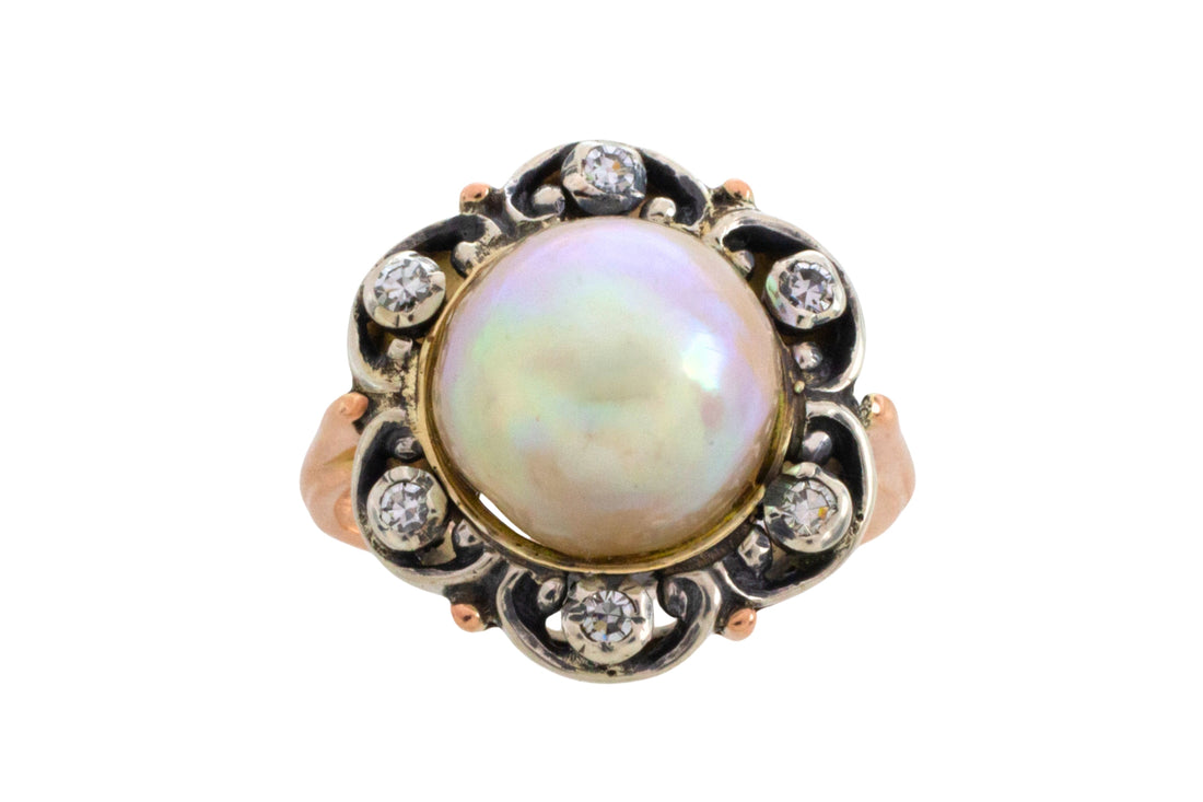 Pearl and single cut diamond ring in silver and gold