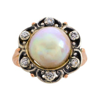 Pearl and single cut diamond ring in silver and gold
