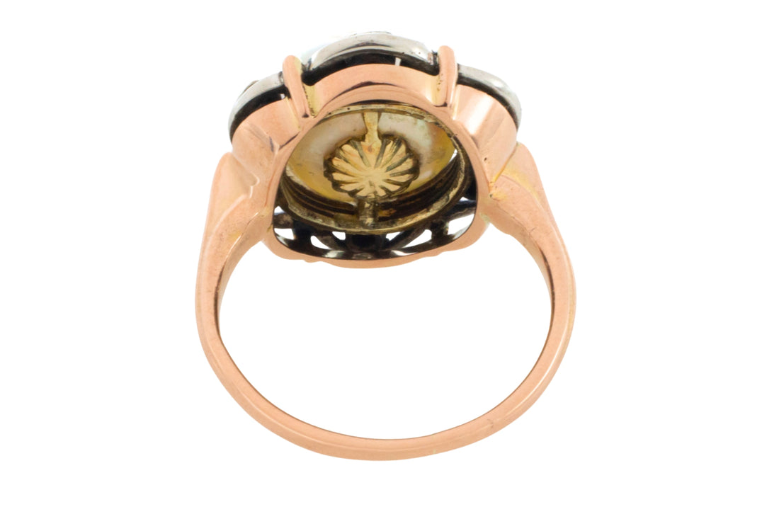 Pearl and single cut diamond ring in silver and gold