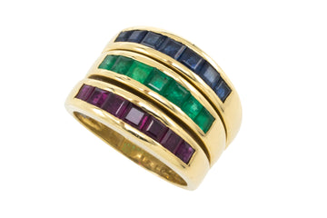 18 carat gold triple band with sapphire, emerald and ruby-Vintage Rings-The Antique Ring Shop