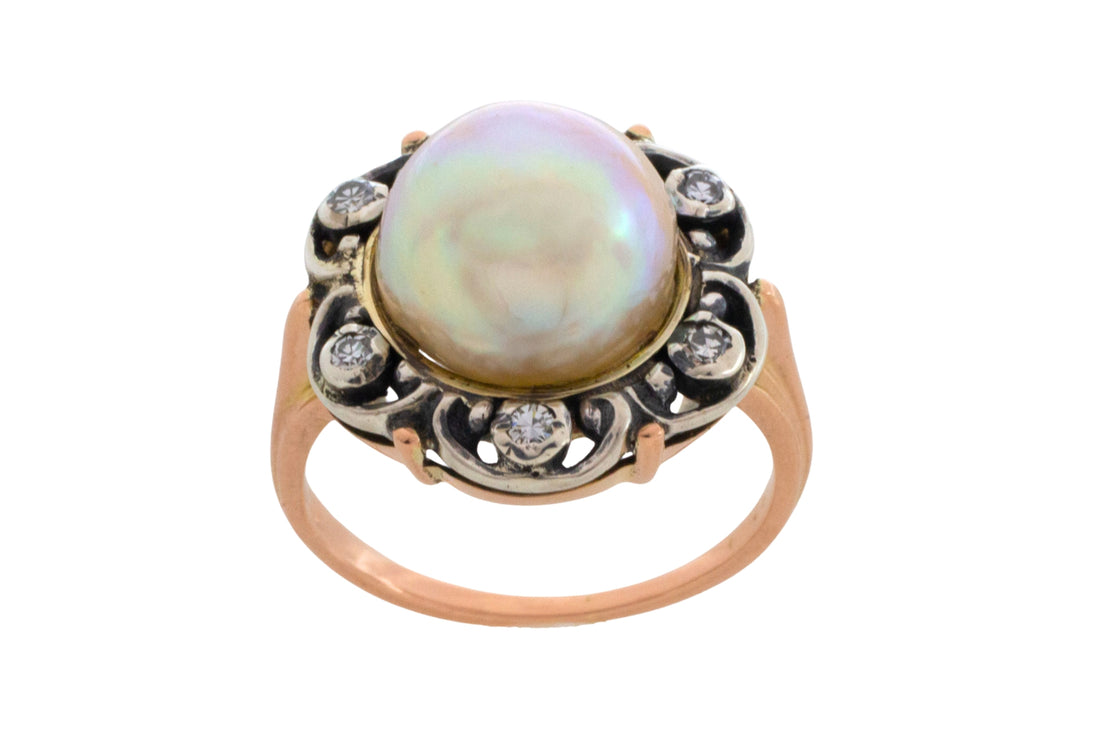 Pearl and single cut diamond ring in silver and gold