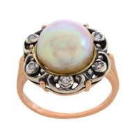 Pearl and single cut diamond ring in silver and gold