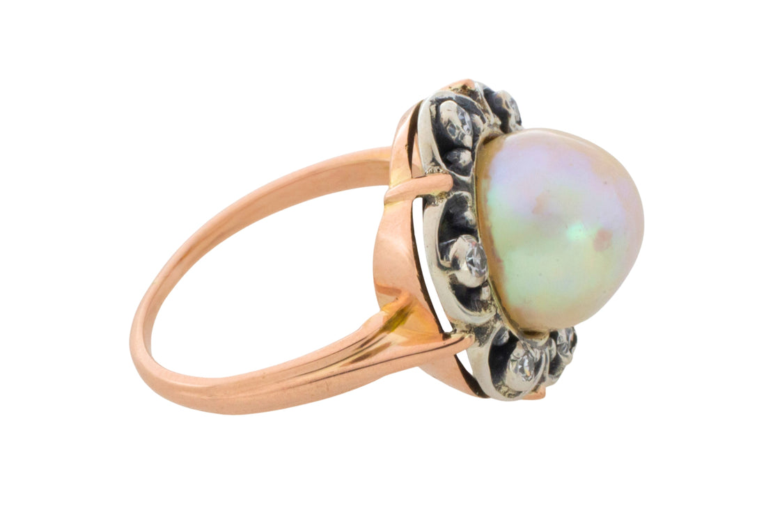 Pearl and single cut diamond ring in silver and gold