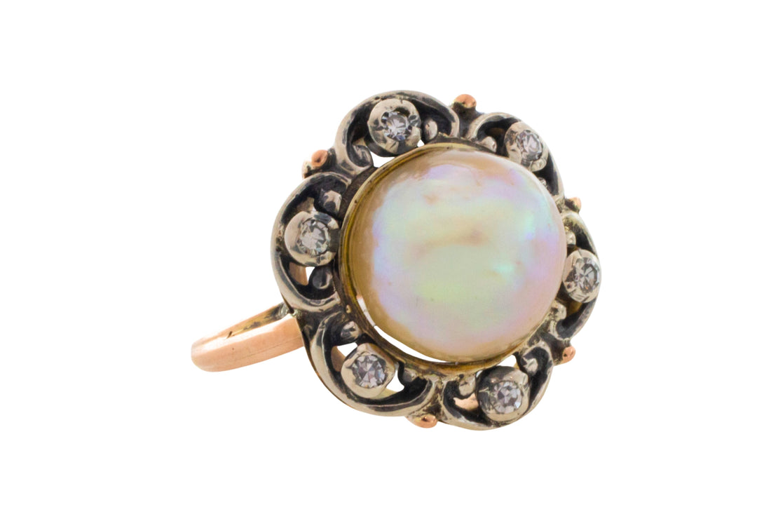 Pearl and single cut diamond ring in silver and gold