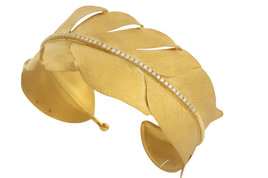 Leaf cuff with diamonds-Bracelets-The Antique Ring Shop