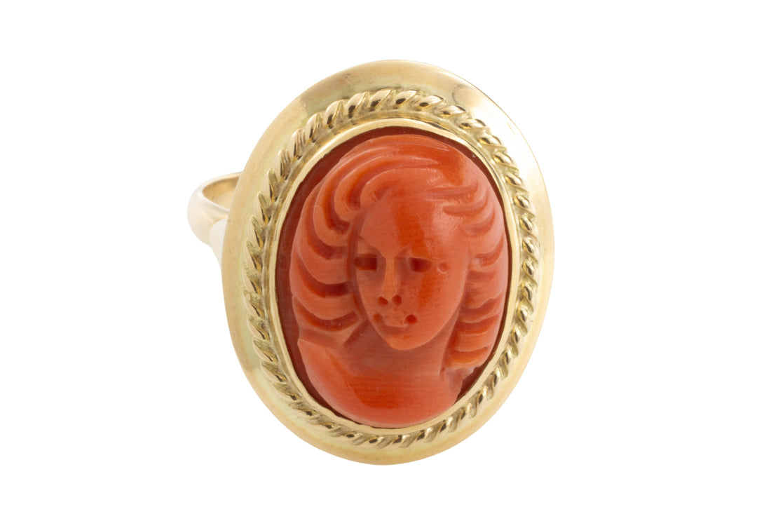 Coral cameo ring in 14 carat gold-vintage rings-The Antique Ring Shop