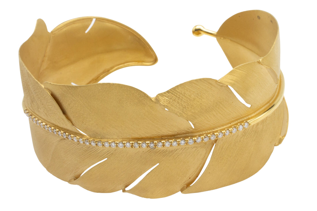 Leaf cuff with diamonds-Bracelets-The Antique Ring Shop