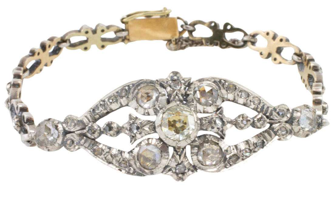 Rose diamond bracelet in silver and 14 carat gold-Bracelets-The Antique Ring Shop