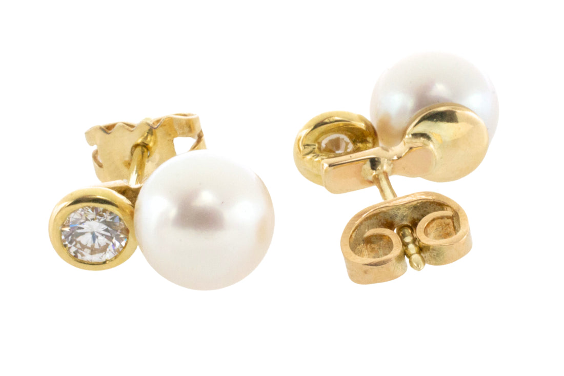 14 carat gold pearl and diamond studs-Earrings-The Antique Ring Shop