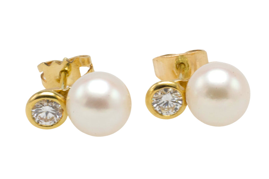 14 carat gold pearl and diamond studs-Earrings-The Antique Ring Shop