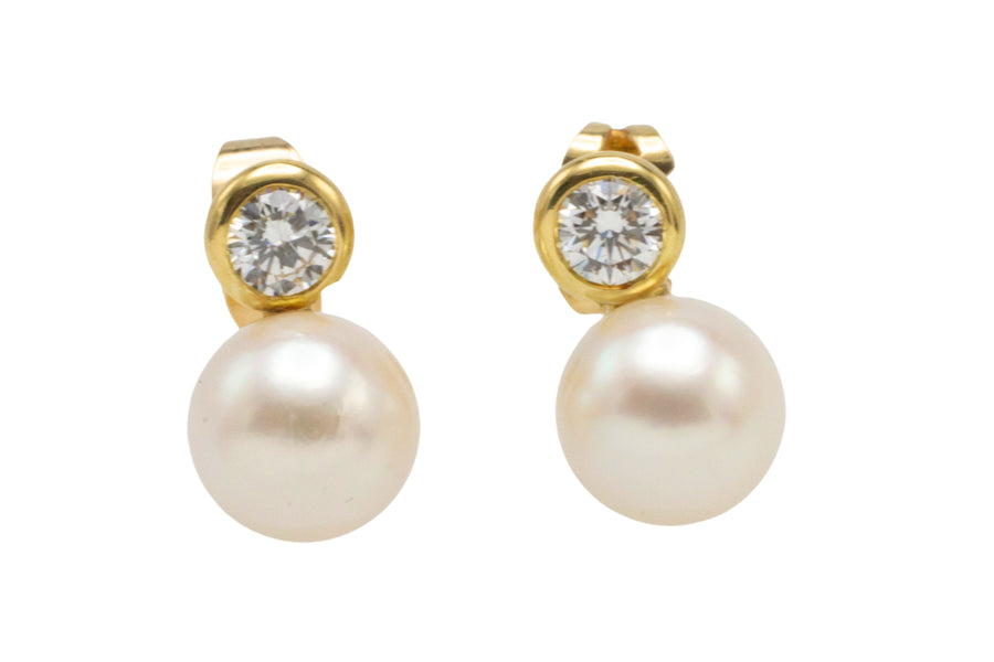 14 carat gold pearl and diamond studs-Earrings-The Antique Ring Shop