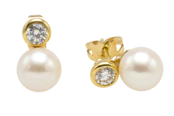 14 carat gold pearl and diamond studs-Earrings-The Antique Ring Shop