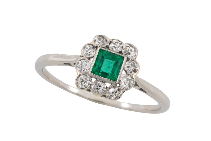 Art Deco platinum ring with emerald and diamonds-engagement rings-The Antique Ring Shop