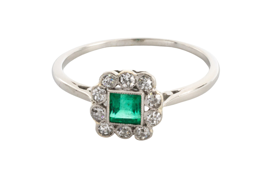 Art Deco platinum ring with emerald and diamonds-engagement rings-The Antique Ring Shop