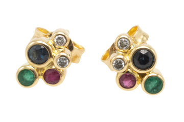 Diamond, ruby, emerald and sapphire studs-Earrings-The Antique Ring Shop