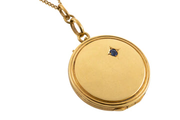 14 carat gold photo locket with sapphire-Pendants-The Antique Ring Shop