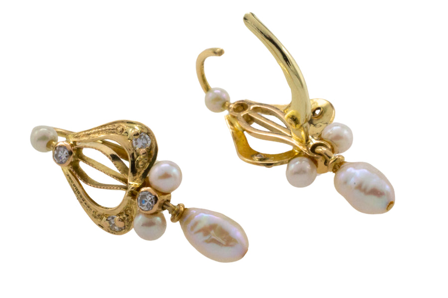 Vintage pearl and diamond earrings-Earrings-The Antique Ring Shop