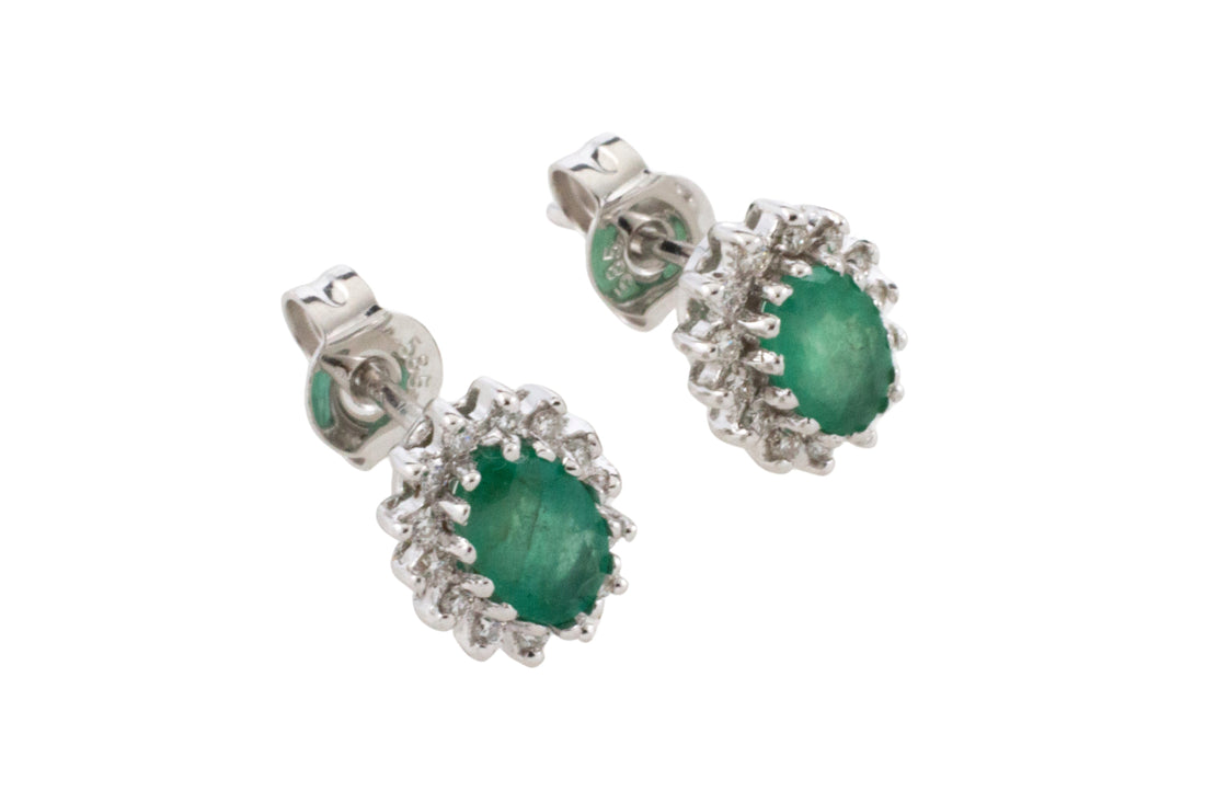 Emerald and diamond studs in 14 carat white gold-Earrings-The Antique Ring Shop