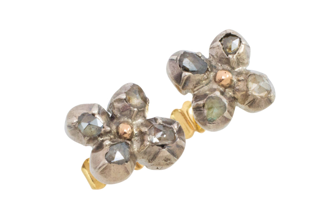 Rose diamond ear studs in silver and gold
