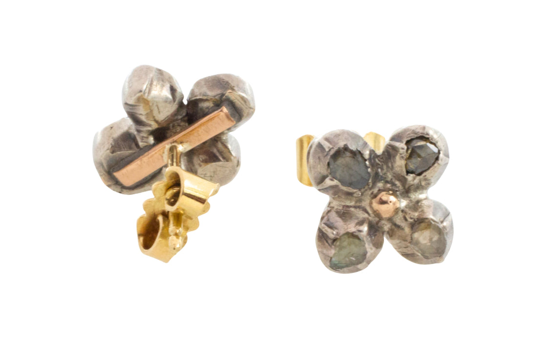 Rose diamond ear studs in silver and gold