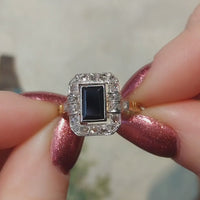 Art Deco 18 karaat saffier en roosdiamanten ring