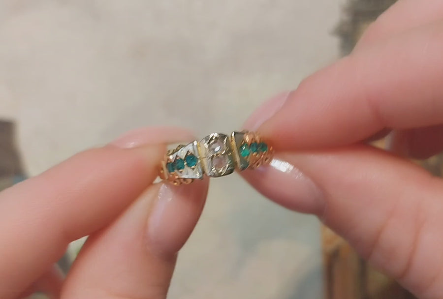 Victorian ring from 1883 with rose diamonds and green composite stones