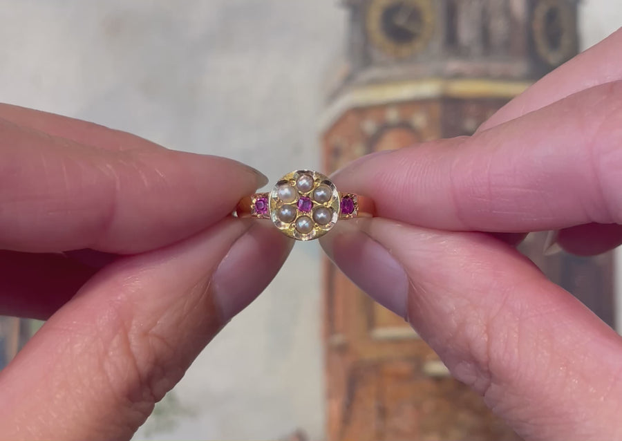 Victorian ruby and seed pearl ring from 1878
