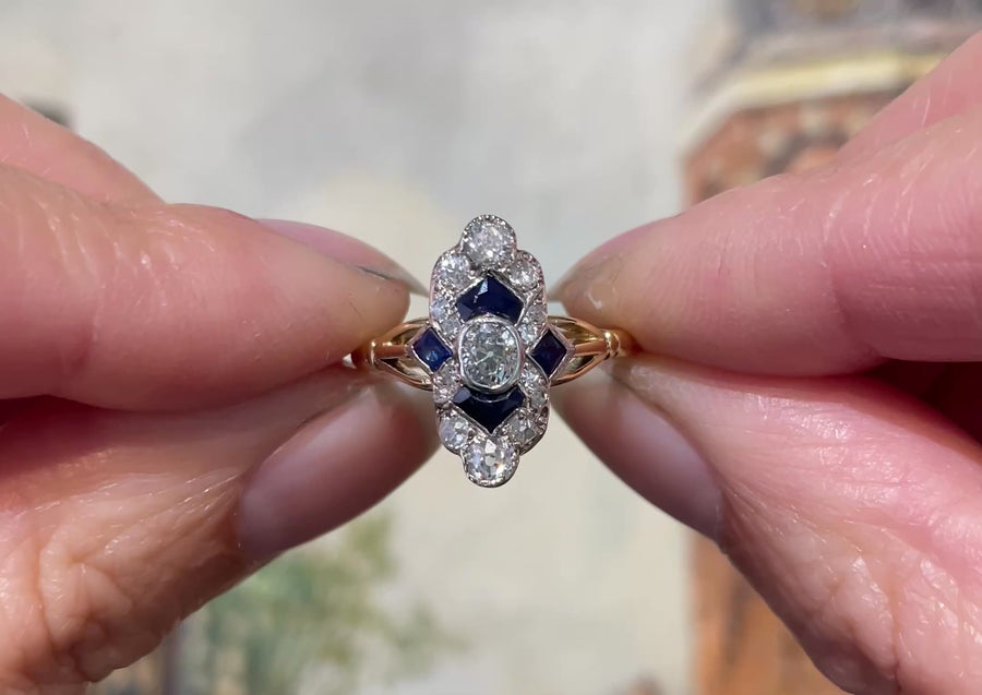 Edwardiaanse navette ring met saffier en diamant