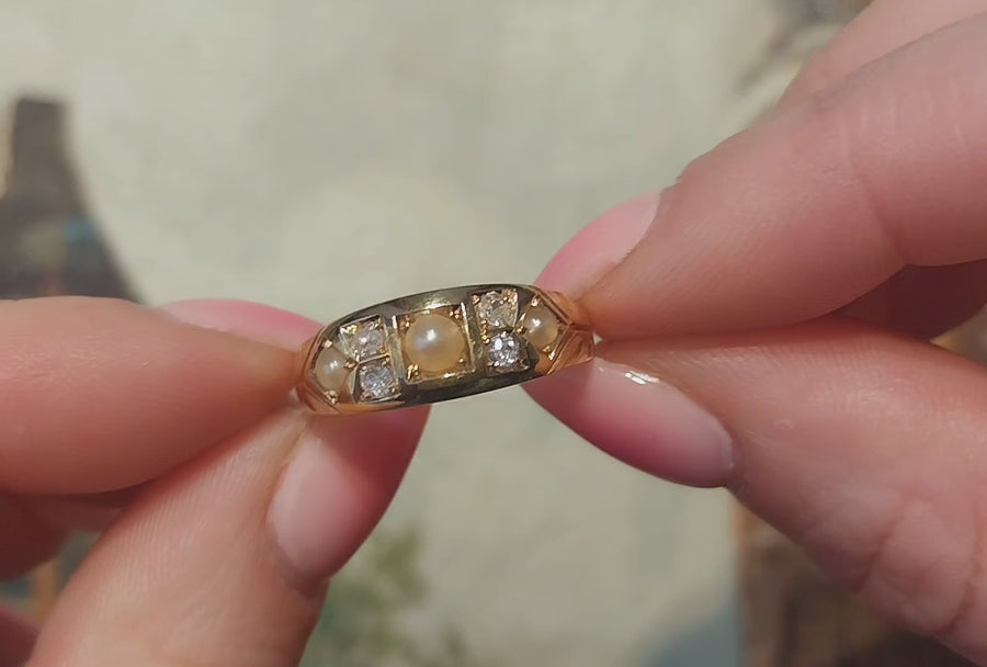 Victorian old cut diamond and pearl ring from 1889