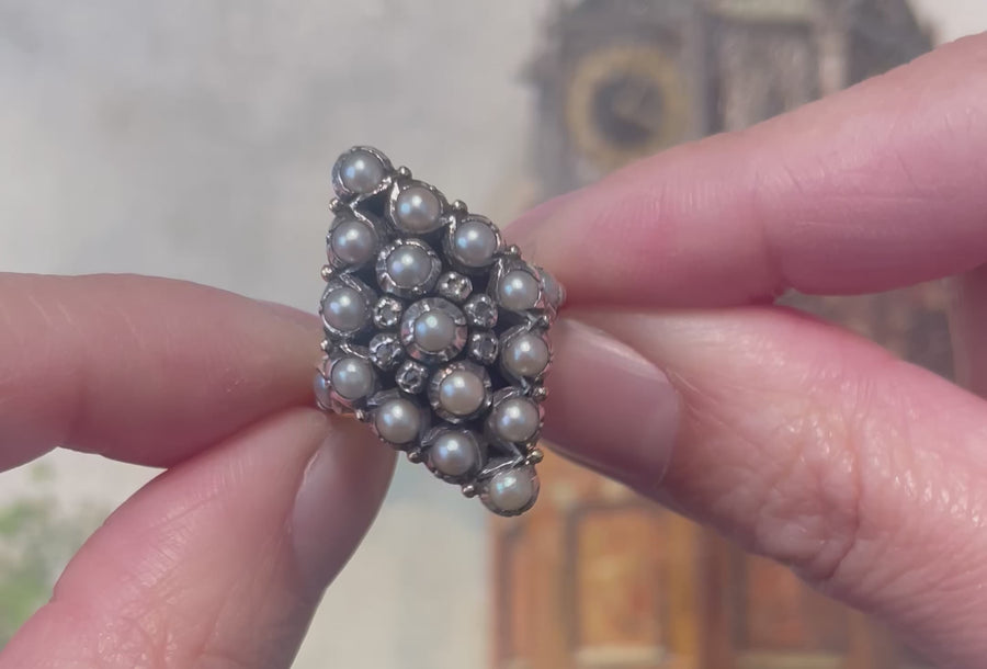 Vintage navette grey pearl and rose diamond ring