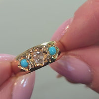 Victoriaanse 'gypsy'-ring met oudgeslepen diamant en turkoois