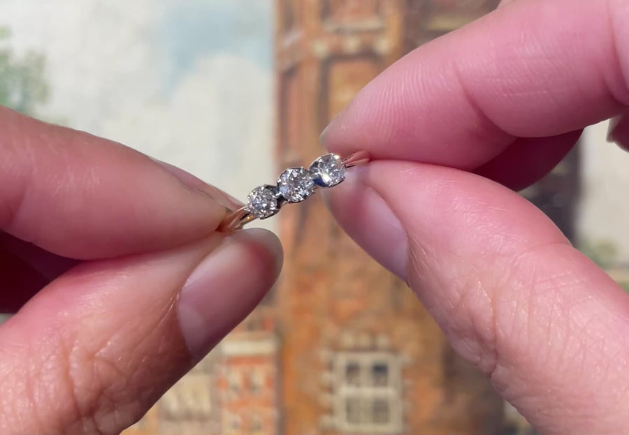 Three stone old cut diamond ring from 1919