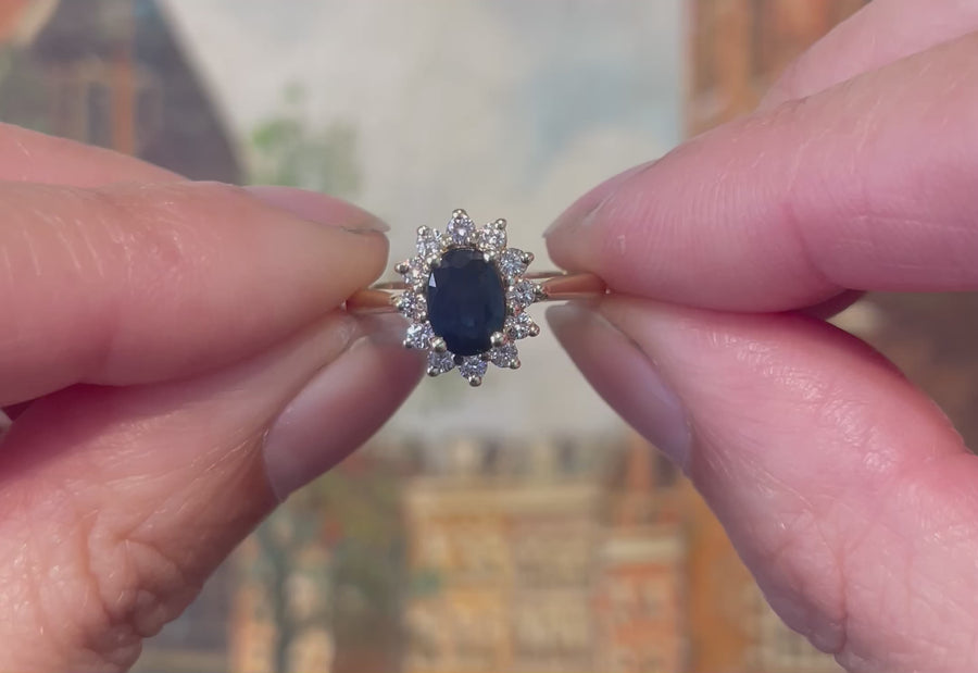 Sapphire and diamond cluster ring in 14 carat gold