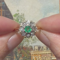 Vintage goud en platina cluster ring met smaragd en diamant