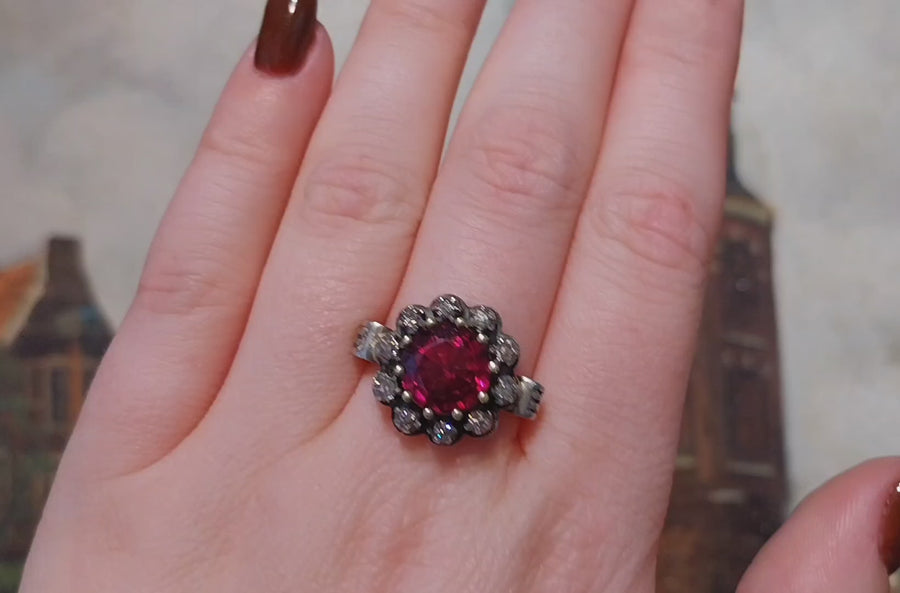 Rhodolite garnet and diamond cluster ring in silver and gold